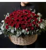корзина из 75 бордовых роз с эвкалиптом