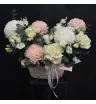 композиция из белых и розовых одноголовых хризантем, кремовых роз и белой эустомы с эвкалиптом в корзине