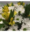 букет из белых ромашковых хризантем и жёлтых альстромерий.