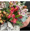 композиция из разноцветных альстромерий в белой корзине