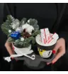 композиция из нобилиса, хлопка, шишек, декоративных шаров и конфет в кофейных стаканчиках